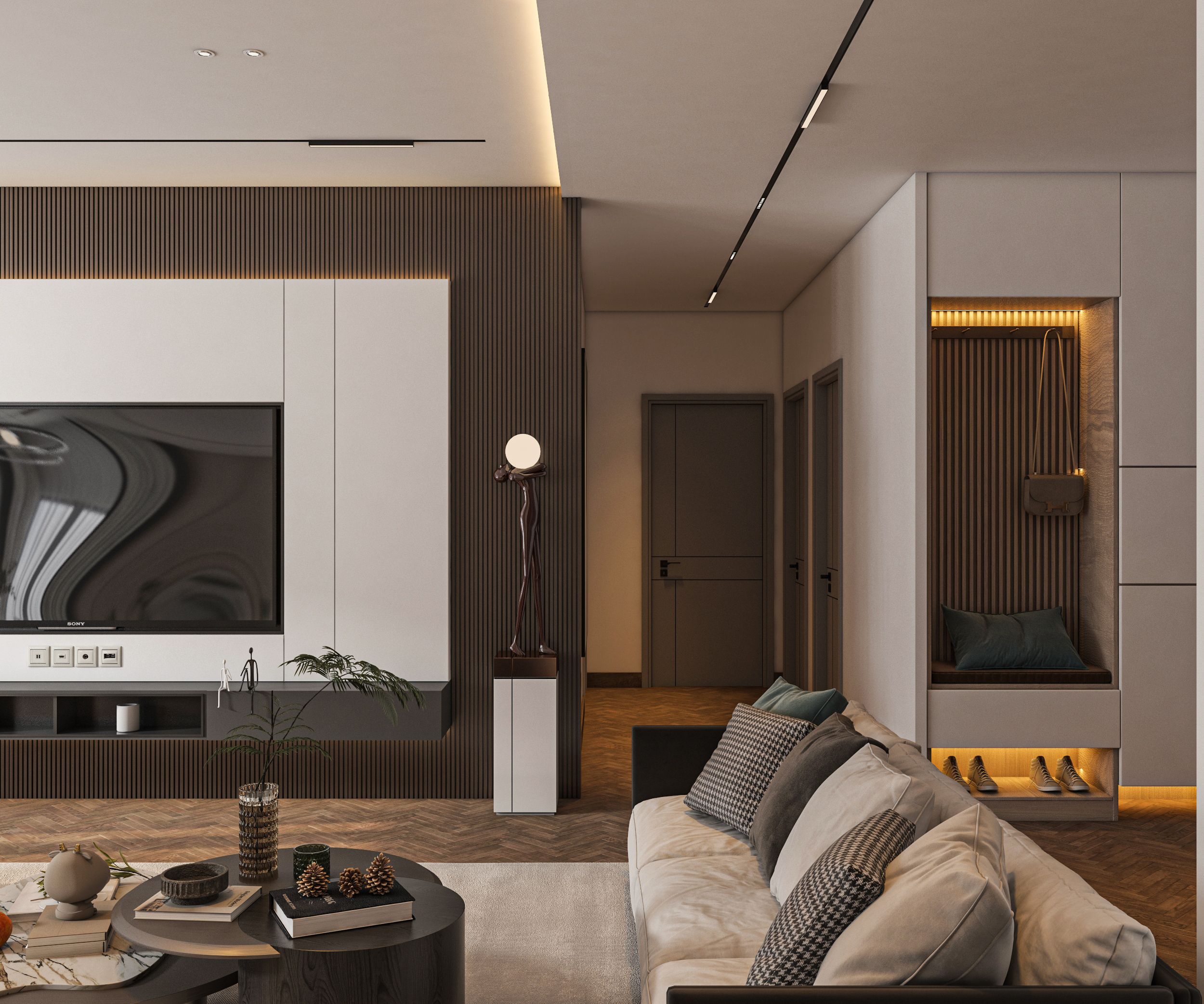 Luxury living room with black magnetic track lighting installed in the ceiling