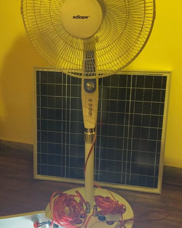 Portable solar system with fan and two bulbs and mobile charg…