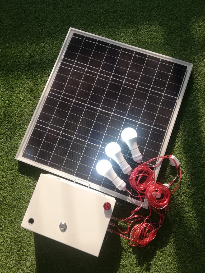 Portable solar system with fan and two bulbs and mobile charging option — Lighting fixtures in Islamabad | Voltedge Lighting